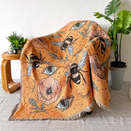 Vintage Honey Bee Jacquard  Woven Throw Blanket Chic Sofa Cover